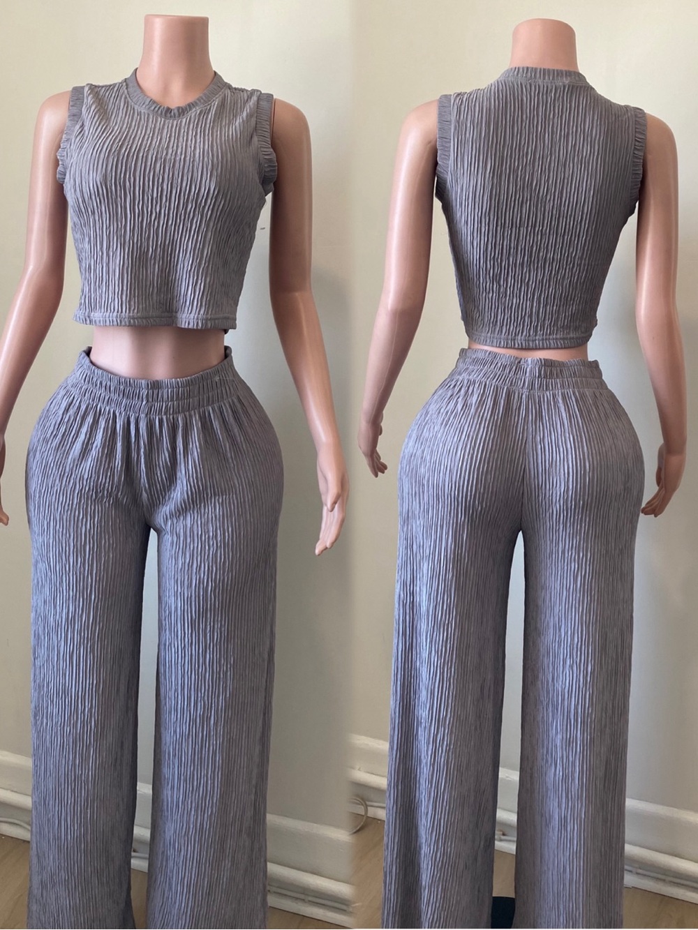 Sleeveless Ribbed Crop Top & Wide-Leg Pants Set